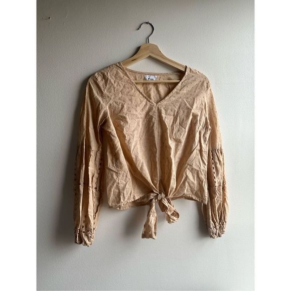 Japna Tops - Japna beige tan long sleeve cutout tie up puffy sleeve crop top